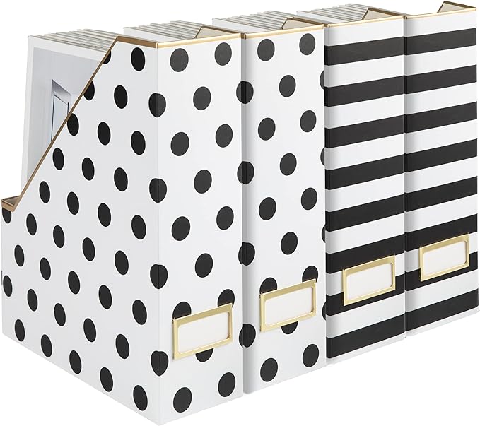 BLU MONACO Set of 4 Magazine File Boxes | 2 Black & White Stripes + 2 Polka Dots | Cardboard File Organizer Boxes for Desk, Office & Classroom Paper Storage – Foldable Magazine Holders
