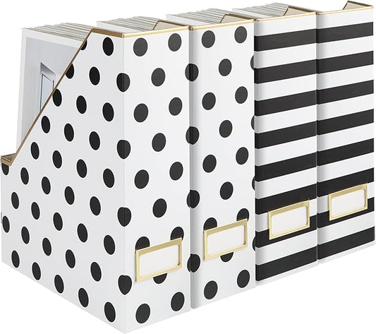 BLU MONACO Set of 4 Magazine File Boxes | 2 Black & White Stripes + 2 Polka Dots | Cardboard File Organizer Boxes for Desk, Office & Classroom Paper Storage – Foldable Magazine Holders