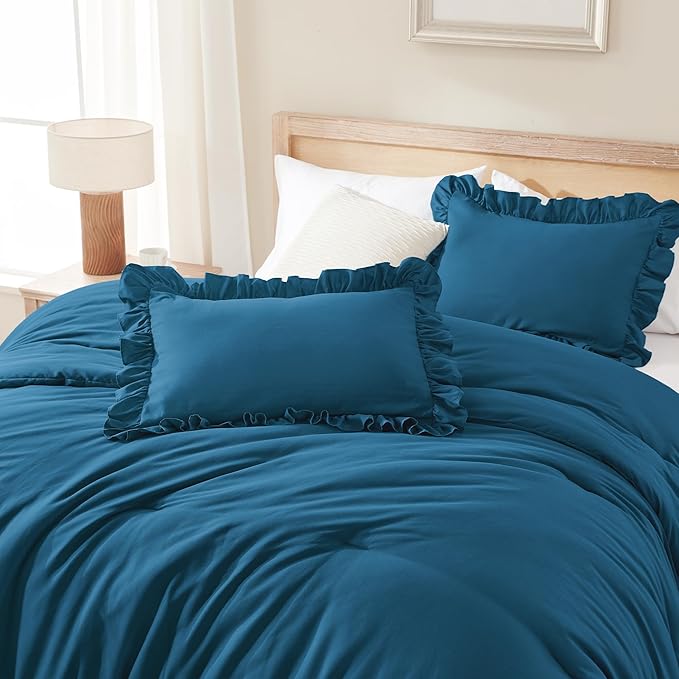 Andency Teal Ruffle Comforter Queen(90x90Inch), 3 Pieces(1 Ruffled Comforter and 2 Pillowcases) Solid Farmhouse Shabby Chic Bed, Vintage Rustic Soft Microfiber Bedding Set