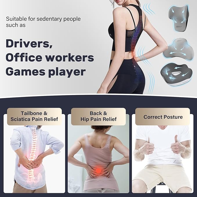 Coverado Car Seat Cushion and Lumbar Support with Headrest Pillow Memory Foam Ergonomic Back Support Driving Seat Cushion Neck Head Pillow, Back Pain Relief, Cushion for Car Driver Office