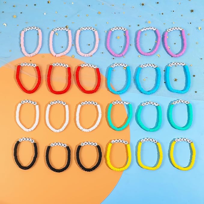 24 Pcs Cheerleader Gifts for Girls Handmade Friendship Bracelets for Teen Girls Stretch Cheer Bracelets Y2k Cheer Stuff Stackable Clay Bead Bracelets Bulk Teens Birthday Christmas Party Favors