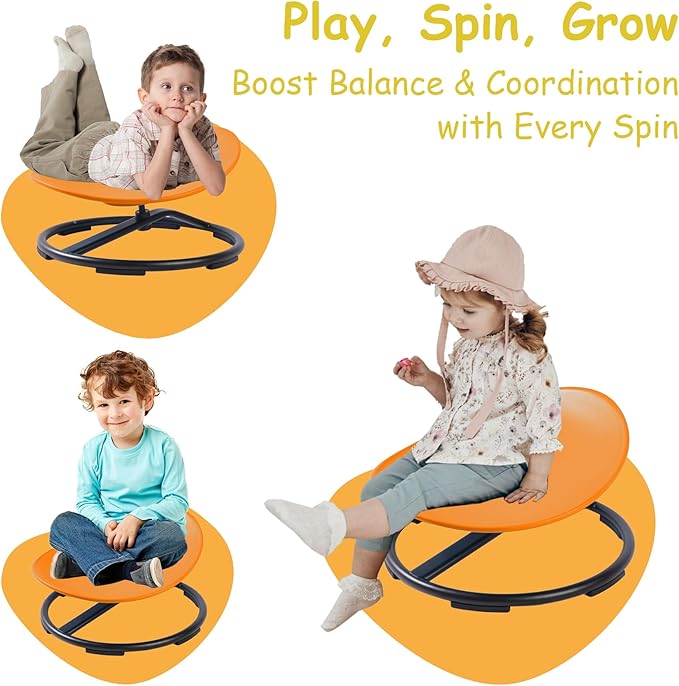 Kids Sensory Swivel Chair - Round Spinning Chair Seat for Balance, Coordination - Sensory Therapy Stool for Kids with Autism & ADHD - Active Indoor Play Chair for Home & Classroom (Orange)
