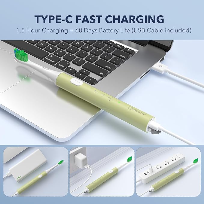 ARISSON Sonic Electric Toothbrush for Adults and Kids, 40,000 VPM Power Toothbrush, 1.5H Fast Charge Ultrasonic Electric Toothbrushes with 2 Minutes Smart Timer, White on Lime Green