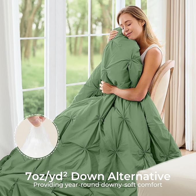 Sasttie Queen Comforter Set, 7-Piece Bed in a Bag, Pintuck Bedding Sets for All Season, Includes Comforter, Flat Sheet, Fitted Sheet, Pillowcases and Pillowshams, Green