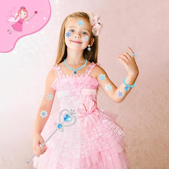 Faccito 134 Pieces Princess Party Favors Winter Birthday Party Supplies Snowflake Jewelry Gifts Set for Kids Include Diamond Necklaces Bracelets Rings Earrings Stickers Crown Wand Stampers Bags
