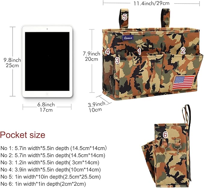 Surblue Bedside Caddy Hanging Organizer Storage Bag Pocket for Bunk, Hospital Beds, College Dorm Rooms, Baby Bed Rails, Wheelchair Side Bag, Camp Chairs, 4 Pockets and 2 Hooks (Small Desert)