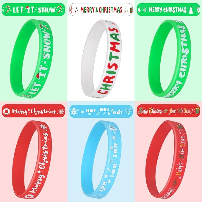JUNEBRUSHS 24Pcs Christmas Silicone Bracelets, Rubber Wristbands Christmas Party Favors for Kids Decorations for Xmas Stocking Stuffers Wrist Band Accessories Gifts Supplies