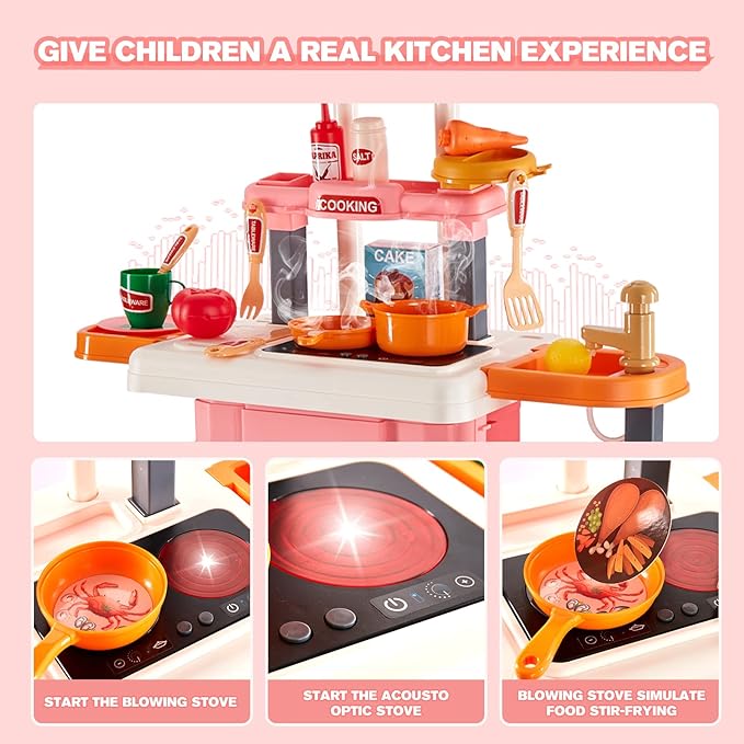 3 in 1 Play Kitchen for Toddlers-GEIYATOI,Kids Kitchen Playset with Travel Suitcase, 50 PCS Toy Kitchen Set,Realistic Cooking Accessories,Sounds,Light,Running Water,Great Kitchen Set for Toddlers
