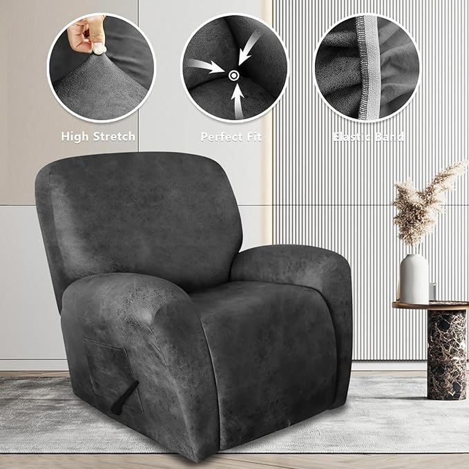 Leather Like Recliner Chair Covers Heavy Duty, 4 Pieces Lazy Boy Recliner Cover for Recliner Chair, Leather Cover for Recliner slipcovers Washable for Pets (Light Grey 2)