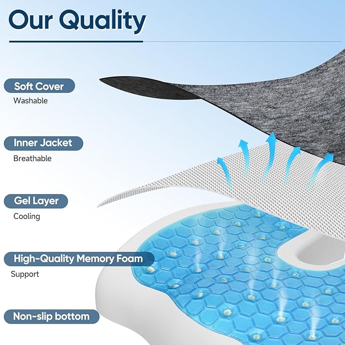 Gel Seat Cushions for Office Chairs Tailbone Pain Relief/Pressure Relief/Sciatica Pain, Memory Foam Breathable Chair Cushions for Back Pain/Butt Pillow Fits Computer Chair/Car/Wheelchair
