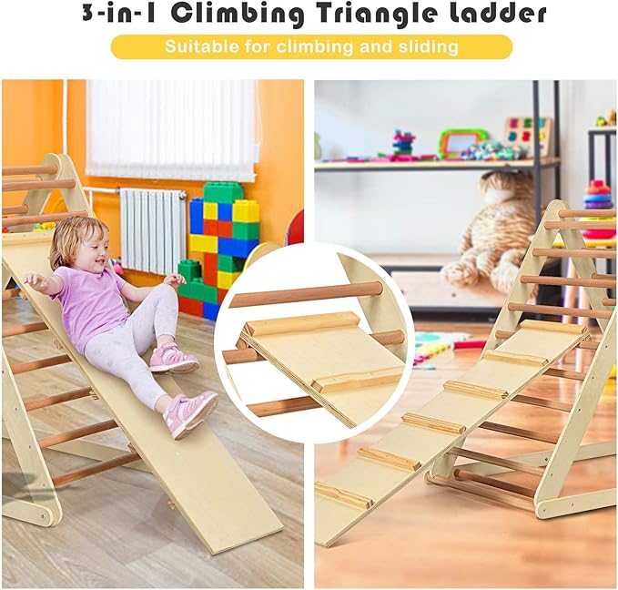 Costzon Foldable Climbing Toys for Toddlers, 3 in 1 Montessori Wooden Triangle Climber for Sliding & Climbing, Kids Indoor Climbers & Gym Play Structures for Boys Girls Gift Present