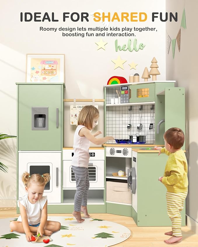 Babytronic Corner Wooden Play Kitchen Set for Kids w/Lights & Sounds, Pretend Play Kitchen Playset with Stove, Microwave, Ice Maker & Accessories, Perfect for Toddlers & Multiple Children (Green)