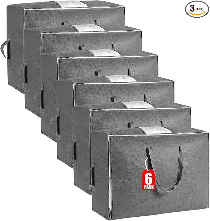105L Extra Large Storage Bags for Blankets, King Comforters, Bedding, Clothes, Pillows, Sheets - Closet Organizers and Storage with 4 Handles & Clear Window, Foldable & Breathable (Grey, 6pack)