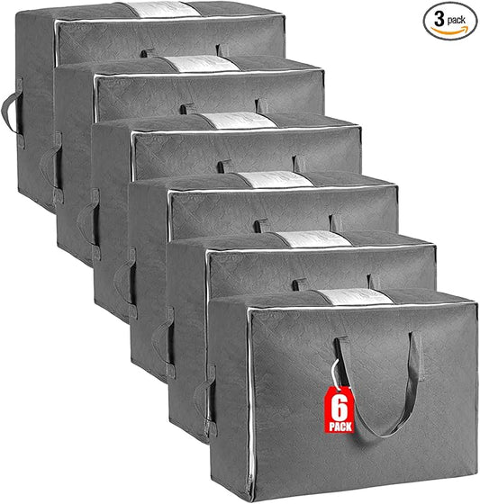 105L Extra Large Storage Bags for Blankets, King Comforters, Bedding, Clothes, Pillows, Sheets - Closet Organizers and Storage with 4 Handles & Clear Window, Foldable & Breathable (Grey, 6pack)