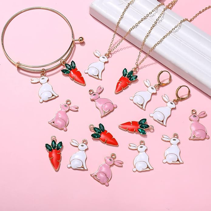 40PCS Easter Charms Enamel Bunny Carrot Egg Pendant Charms for Jewelry Making Cute Meatl Animal Rabbit Charms for Necklace Bracelet Earring Making DIY Crafts
