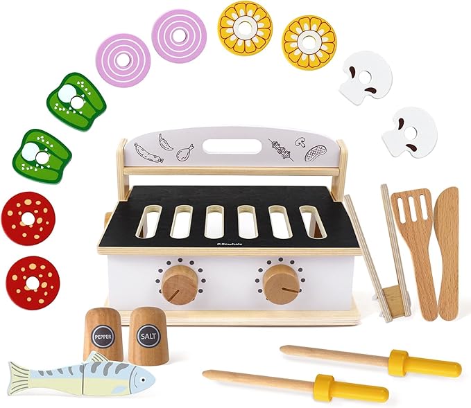 Children's Wooden Foldable Portable BBQ Mini Kitchen & Grill Toy,2In1 Kids Toy Grill Stove and Tablekitchen Cooking Set with Accessories for Toddlers Boys Girls Age 3+