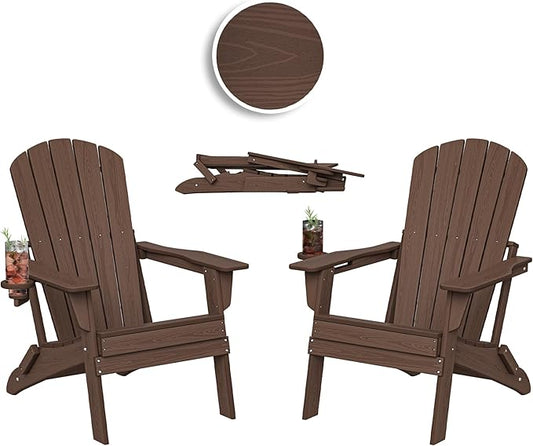 Plawdlik Folding Adirondack Chair Set of 2, Cup Holder，Wooden Textured ，Heavy All-Weather HDPE Comfortable Set Poolside Backyard Lawn Coffee
