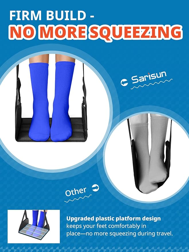 SARISUN 2-Pack Airplane Foot Hammock for Travel, No Collapse Plane Foot Hammock with Wide Hardboard Support, Portable Foot Sling for Under Desk with Adjustable Strap, Carry Bags for Women & Men