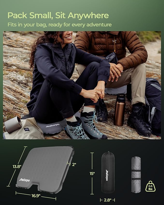 Self-Inflating Stadium Seat Cushion, Waterproof & Lightweight Inflatable Seat Cushion for Airplane Seat Travel Bleacher Camping, High Density Foam Blow up Sitting Pad for Backpacking