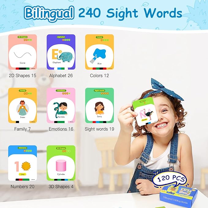 Bilingual Talking Flash Cards with 240 Sight Words, Sensory Toys for Toddlers 1-3, Pocket Speech for Toddlers, Speech Therapy Toys for Autistic Children Aged 2-6 Year Old Boys and Girls