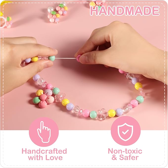 Handmade Unique Flower Pendant Kids Jewelry Set for Little Girls Toddler - Stretch Necklace Bracelets Rings Clip On Earrings - Bow Hair Clips - Birthday Party Costume Dress Up w/Gift Box Bags