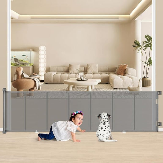 34X120” Extra Wide Safety Retractable Baby Gate, Extra Wide Safety Kids or Pets Gate, 34” Tall, Extends to 120” Extra Wide, Built-in Reinforce Strip Mesh Safety Dog Gate for Stairs,Doorways, Hallways