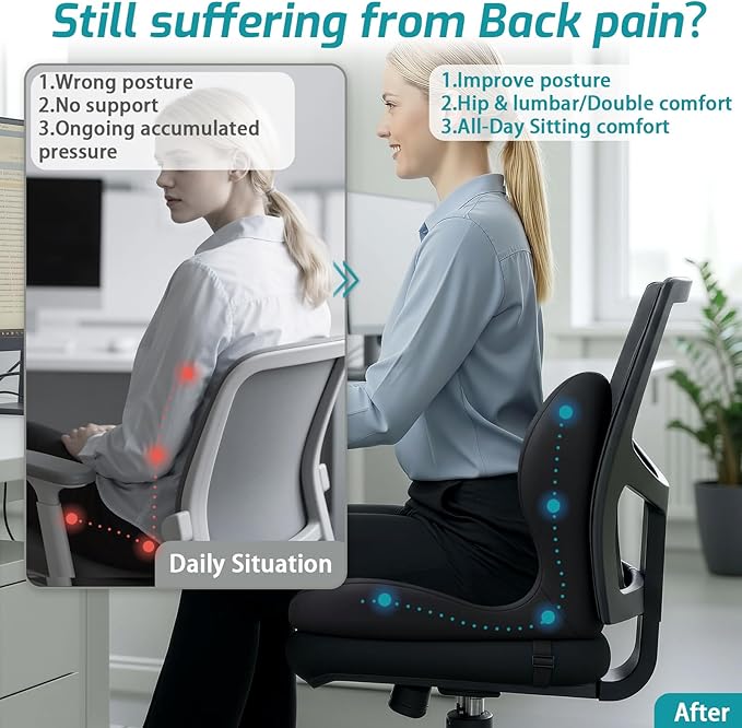 Memory Foam Seat Cushion,Office Chair Cushion with Lumbar Support for Back Pressure Relief,Sciatica,Car Seat Cushion with Adjustable Strap,Hip Pad Cushions for Car,Truck,Desk (D-Black)