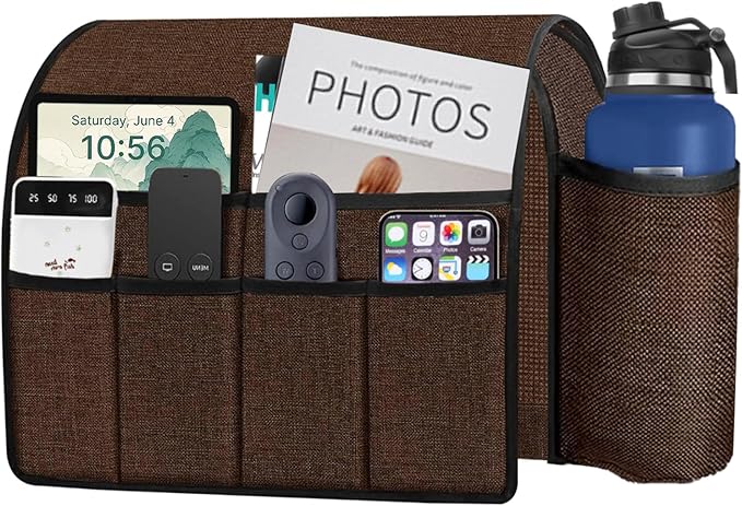 Ntomtuex Sofa Armchair Caddy Remote Control Holder with Water Bottle for Couch Recliner, Armrest Organizer with 7-Pocket Design for Magazines, Eyeglasses, iPad, Phone, Coffee