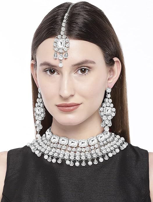 Aheli Kundan and Simulated Colored Stones Indian Ethnic Maang Tikka Necklace and Earrings Set Bollywood Festive Statement Jewelry Gift for Women