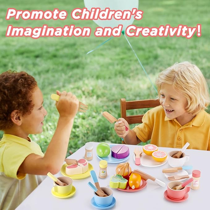 GAGAKU Wooden Play Dishes and Plates for Kids Kitchen Set 27 PCS Montessori Wooden Play Kitchen Accessories Kitchen Toy for Toddlers Wooden Play Cooking Set for 3-8 Years Girls and Boys