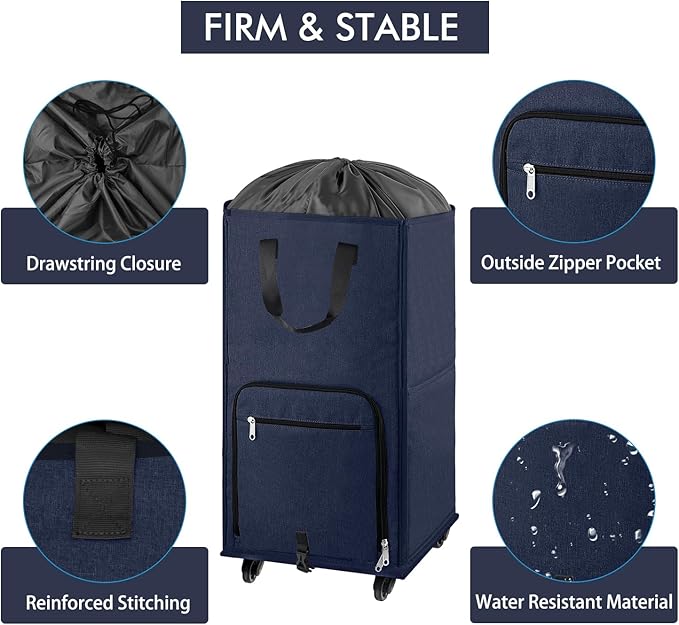 Bukere Large Rolling Laundry Basket, Laundry Hamper with Wheels, 4 Casters and 2 Handles, Collapsible Freestanding Wheeled Laundry Bag for Clothes, Apartment, College