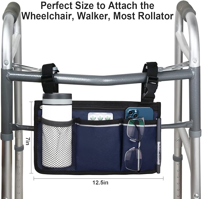 Wheelchair Side Bag, Armrest Storage Pouch with Cup Holder and Reflective Strip Use of Waterproof Fabric, for Most Wheelchairs, Walkers or Rollators (Blue)