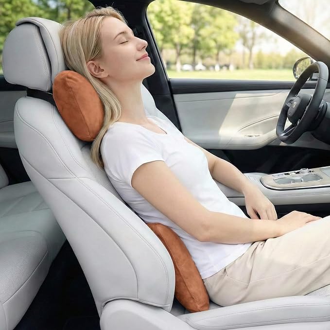 WELBRIT 2PCS Car Pillow for Car Neck Pillow for Driving Seat Lumbar Support Soft Cushion with Extra Filling Accessories Back Support for Travel Nap and Trips Sleeping(Brown, Head and Lumbar)