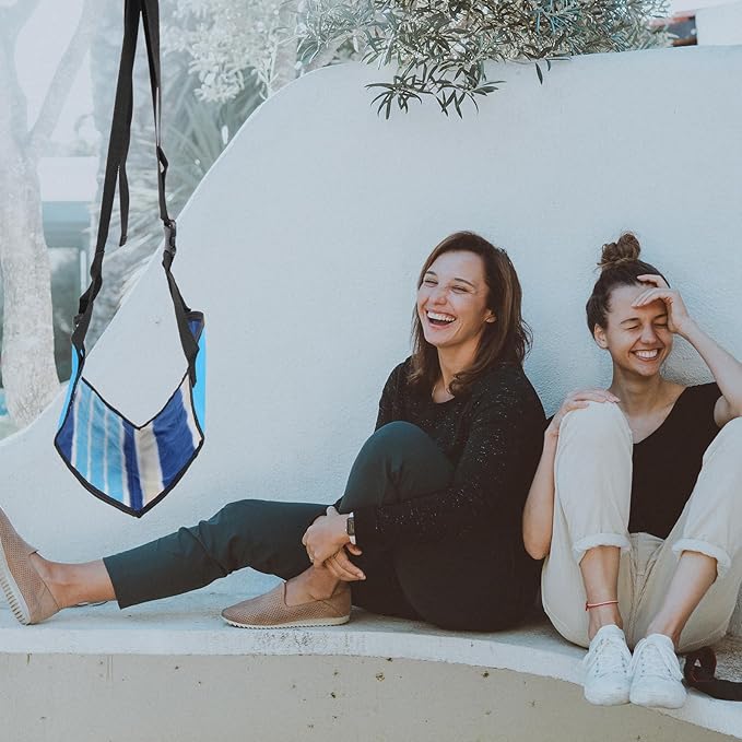 WRITWAA Portable Airplane Foot Hammock Travel Footrest 48X24Cm Blue Striped Footrest for Flight, Bus, Office, Home – Lightweight Hanging Foot Support for Long Trips and Air Travel