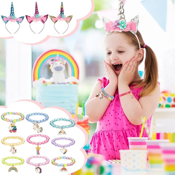 Jexine 18 Piece Unicorn Party Favors Include 9 Unicorn Headbands and 9 Unicorn Rainbow Beaded Bracelets Unicorn Horn Flower Headband for Girls Teen Birthday Back to School Gifts