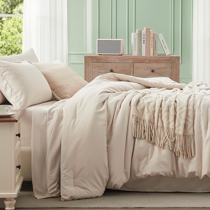 Anluoer Beige King Comforter Set 7 Pieces, Bed in a Bag with Sheets, All Season Bedding Sets with 1 Comforter, 2 Pillow Shams, 2 Pillowcases, 1 Flat Sheet, 1 Fitted Sheet