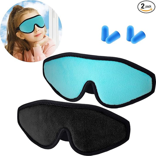 2 Pieces 3D Sleep Mask for Kids Memory Foam Contoured Eye Mask, Travel Sleep Eye Cover with Adjustable Strap, 3D Blindfolds(Black and Green)