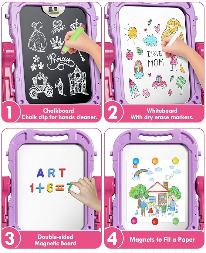 Lehoo Castle Easel for Kids, 4 in 1 Double Sided Kids Art Easel with Magnetic White Board & Chalk Board, Adjustable Standing Toddler Easel with Drawing & Writing Accessories - Gift for Boys and Girls