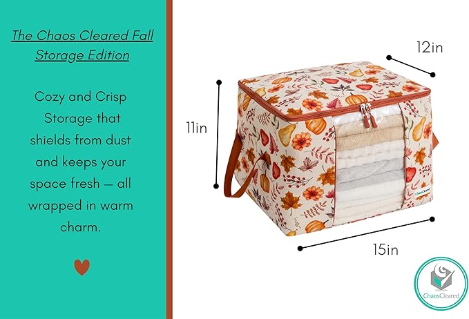 Canvas Storage Bags Designer Organizer 2 Pack – Seasonal Storage for Sweaters, Blankets, Linens & Garments – Foldable Design with Zip & Window, Moth-Proof Space Saver, Autumn Print