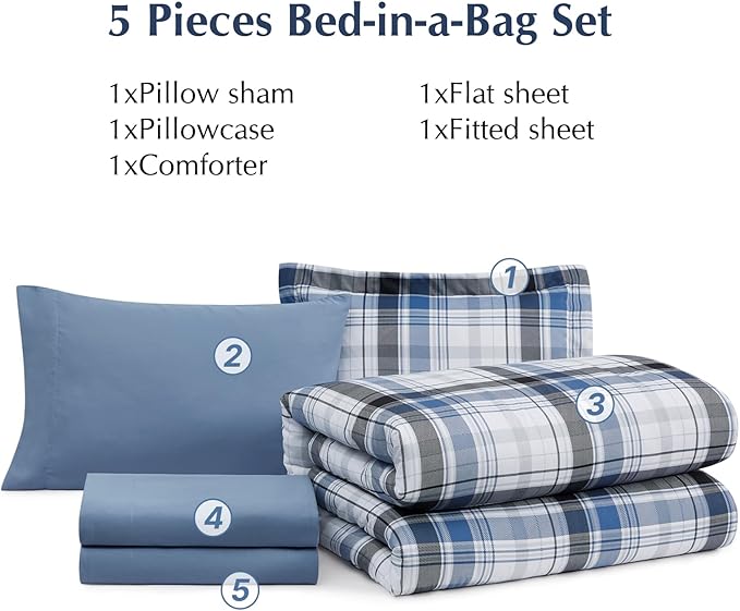 MaiRêve Twin XL Size Plaid Comforter Set Lake Blue, Classic 5 Pieces Farmhouse Bedding Set, All Season Lightweight Bed in A Bag with Sheets, Pillowcase & Sham
