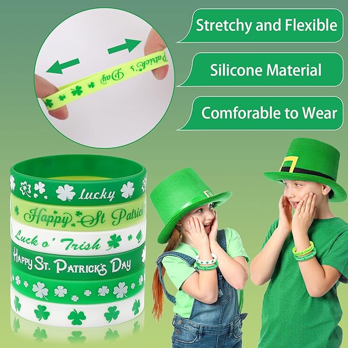 JUNEBRUSHS 42pcs St. Patrick's Day Silicone Bracelets, Green Shamrock Rubber Wristbands for Kids Adults St.Patrick's Day Party Ireland, Spring Party Favors Holiday Decorations Gift (6 Designs)