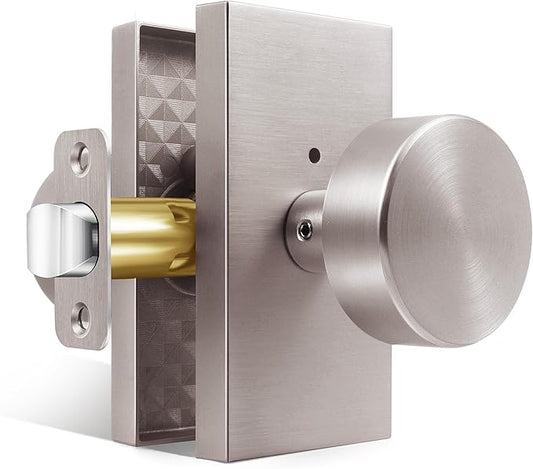 Brushed Nickel Door Knobs Interior with Lock, Modern Privacy Satin Nickel Door Knob Door Handles for Bathroom Bedroom Rectangle