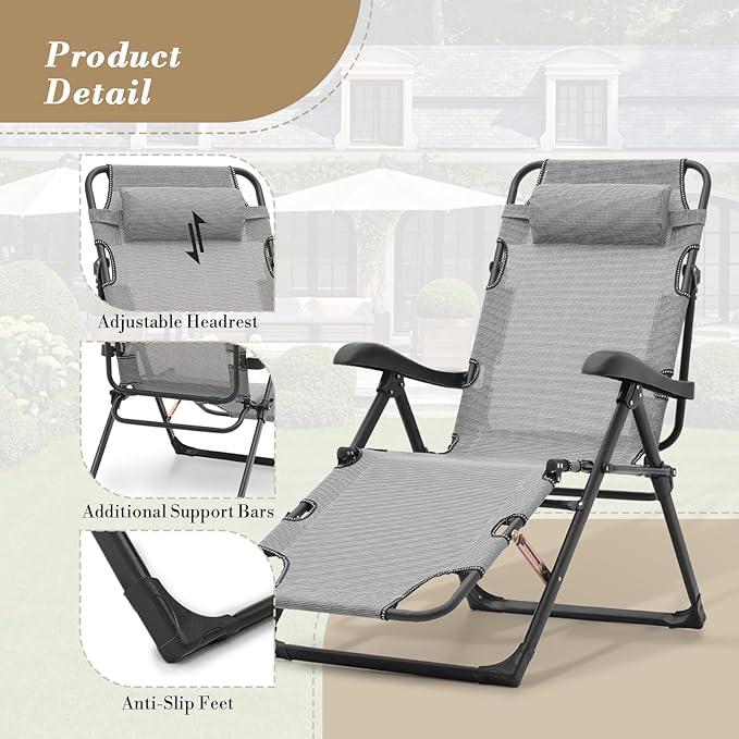 Athena Collection Zero Gravity Outdoor Lounge Chair Recliner, 27" Width Reclining Pool Lounge Lawn Chairs with Headrest and Curved Armrest, Outdoor Chaise for Beach Patio Backyard Outside, Grey