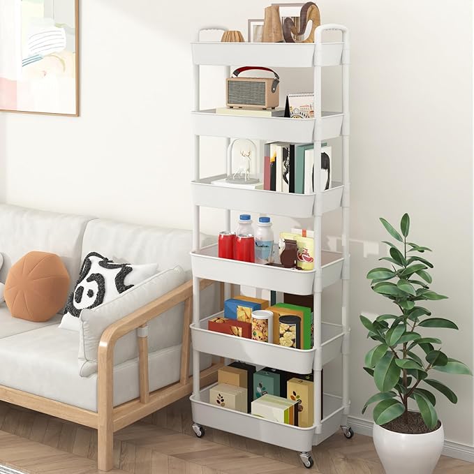 Sywhitta 6-Tier Plastic Rolling Utility Cart with Handle, Multi-Functional Storage Trolley for Office, Living Room, Kitchen, Movable Storage Organizer with Wheels, White