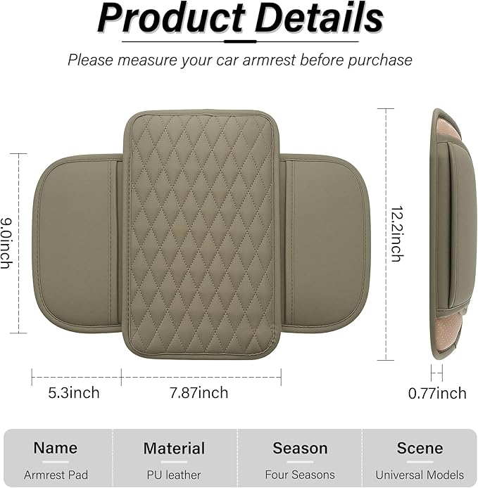 Amiss Car Center Console Cover, Upgraded Leather Car Armrest Cushion with 2 Storage Pockets, Universal Waterproof Cushion Pad, Non-Slip Car Interior Accessories, Fits Most Sedans SUVs Trucks (Beige)