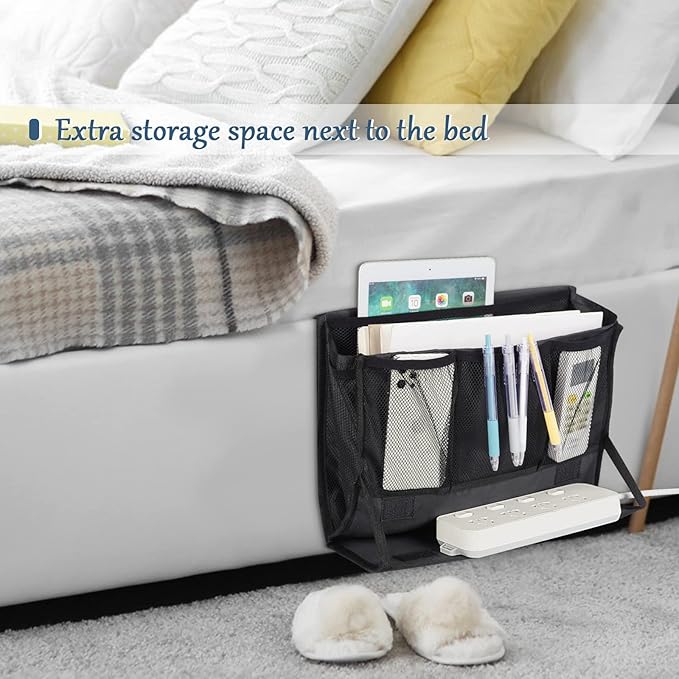 Bedside Storage Organizer with Power Strip Holder and Adjustable Straps Bed Hanging Bag for Home Bunk Bed Dorm Sofa (Black)