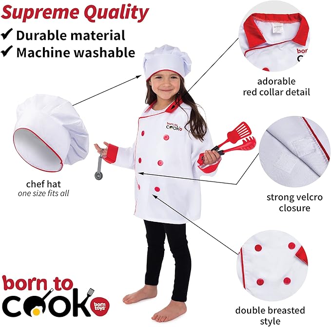 Born Toys Chef Costume for Kids w/ Chef Hat for Kids Ages 3-7, Kids Kitchen Accessories Set w/ Fun Recipe Book, Cooking Set for Kids Costume Washable and Dress Up & Pretend Play for Boys & Girls