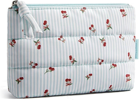 BAGSMART Small Makeup Bag, Puffy Portable Cosmetic Pouch with Charm Zipper, Water-Resistant Travel Organizer for Women (Cherry, Small)