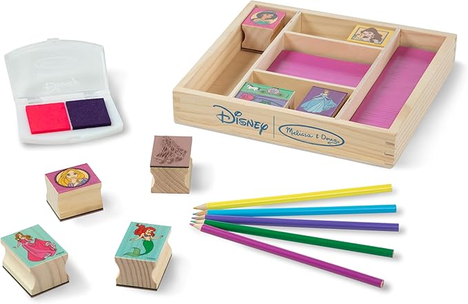 Melissa & Doug Disney Princess Wooden Stamp Set: 9 Stamps, 5 Colored Pencils, and 2-Color Stamp Pad