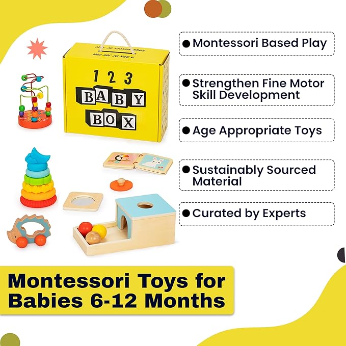 Montessori Toys for Babies 6-12 Months - 6-in-1 Montessori Box Toy w/Rainbow Stacking Tower, Object Permanence Box & More - Educational Toys for Imaginative Learning